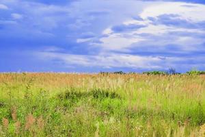 green field landscape with blue sky and stormy clouds. photo