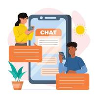 una pareja comunicándose mediante chat móvil vector