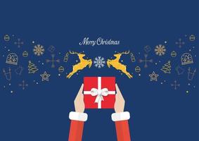 Santa hands holding gift box with Golden reindeers and christmas elements vector