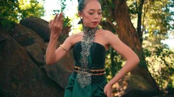 une femme asiatique avec un costume de danse traditionnelle danse magnifiquement près du gros rocher avec des feuilles brunes en arrière-plan video