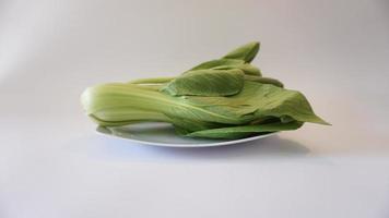 Bok choy vegetables on a plate on a white background. photo