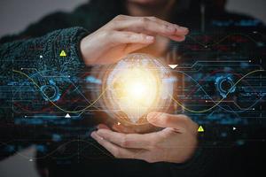 Close up of  hand pointing at abstract digital business interface. Future innovation and Web 3.0 concept. Double exposure photo