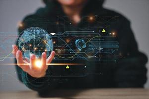 Hand holding virtual Global Internet connection metaverse. Business global internet connection application technology and digital marketing, Financial and banking, Digital link tech, big data. photo