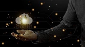 Cloud computing concept - connect to cloud. Businessman or information technologist with cloud computing icon. photo