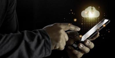 Cloud computing concept - connect to cloud. Businessman or information technologist with cloud computing icon. photo