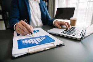business documents on office table with smart phone and digital tablet and graph financial and woman working at office photo