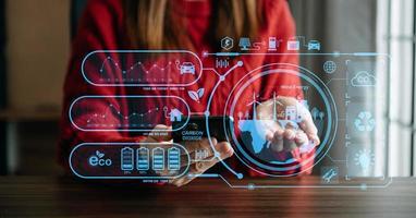 Business working with reduce CO2 concept with icons, global warming such as reforest green factory recycle and zero carbon dioxide emission concept. with VR icon photo