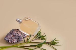 una botella transparente de perfume cosmético o spray se encuentra sobre la piedra natural de granito y la rama verde. fondo beige. un espacio de copia. foto