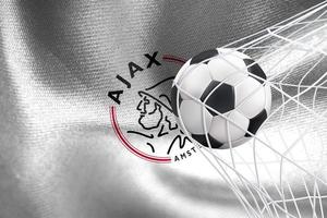 UEFA Champions League 2023, AFC Ajax flag with a soccer ball in net, UEFA Wallpaper, 3D work and 3D image. Yerevan, Armenia - 2023 January 27 photo