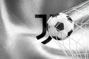 UEFA Champions League 2023, Juventus F.C. flag with a soccer ball in net, UEFA Wallpaper, 3D work and 3D image. Yerevan, Armenia - 2023 January 27 photo