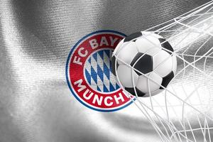 UEFA Champions League 2023, FC Bayern Munich  flag with a soccer ball in net, UEFA Wallpaper, 3D work and 3D image. photo