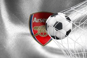 UEFA Champions League 2023, Arsenal F.C. flag with a soccer ball in net, UEFA Wallpaper, 3D work and 3D image. Yerevan, Armenia - 2023 January 27 photo