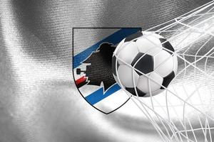 UEFA Champions League 2023, U.C. Sampdoria flag with a soccer ball in net, UEFA Wallpaper, 3D work and 3D image. Yerevan, Armenia - 2023 January 27 photo