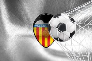 UEFA Champions League 2023, Valencia CF flag with a soccer ball in net, UEFA Wallpaper, 3D work and 3D image. Yerevan, Armenia - 2023 January 27 photo