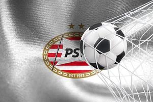 UEFA Champions League 2023, PSV flag with a soccer ball in net, UEFA Wallpaper, 3D work and 3D image. Yerevan, Armenia - 2023 January 27 photo