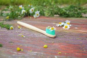 Herbed toothpaste with chamomile  on an old wooden background. Selective focus on flowers and a toothbrush. photo