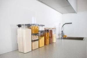Containers for storing bulk products in the kitchen. photo
