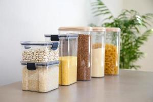 Containers for storing bulk products in the kitchen. photo