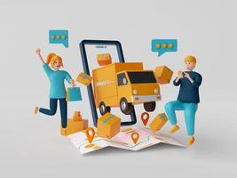 3d illustration of businessman character shopping online via application on smartphone with shopping item. Transportation shipment delivery by truck. photo