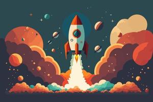 Rocket flying in space. Start up business concept. Flat design vector illustration.