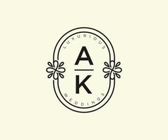 plantilla de logotipos de monograma de boda con letras iniciales ak, plantillas florales y minimalistas modernas dibujadas a mano para tarjetas de invitación, guardar la fecha, identidad elegante. vector