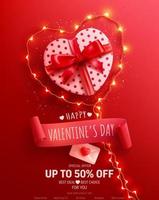 cartel de venta de feliz día de san valentín o pancarta con caja de regalo en forma de corazón y símbolo de corazón de luces de cadena led en rojo. plantilla de promoción y compras para el concepto de amor y día de san valentín. vector