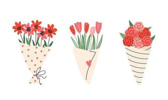 Bouquets of flowers. A bouquet of garden flowers, a bouquet of tulips, a bouquet of roses. Vector set of floral decoration. Suitable for March 8, Valentine's Day, Mother's Day, greeting cards.