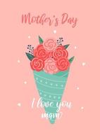 feliz día de la madre. preciosa linda tarjeta de felicitación con un ramo de flores rosa. ilustración vectorial festiva moderna para la celebración del día de la madre.