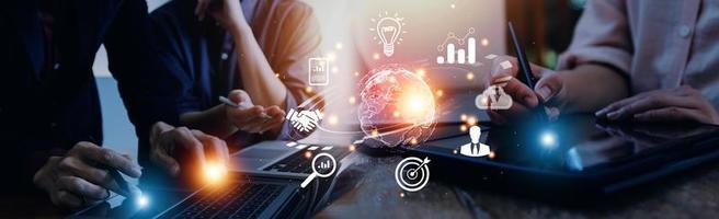 woman Hand holding virtual Global Internet connection metaverse. Business global internet connection application technology and digital marketing, Financial and banking, Digital link tech, big data. photo