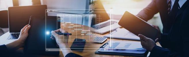 Analyst working with computer in Business Analytics and Data Management System to make report with KPI and metrics connected to database. Corporate strategy for finance, operations, sales, marketing photo