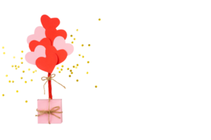 caixa de presente rosa com balão de corações e confete png