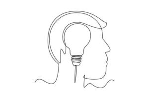 Continuous one line drawing Human head with light bulb. Personal growth concept. Single line draw design vector graphic illustration.