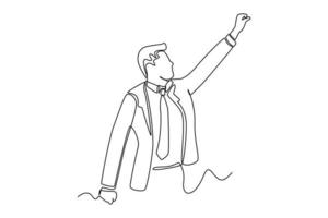 Continuous one line drawing happy office worker with his hands up. Personal growth concept. Single line draw design vector graphic illustration.