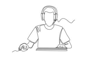 Single one line drawing happy boy wearing headset playing online video game on his computer. E-sports game concept. Continuous line draw design graphic vector illustration.