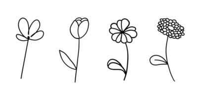 flores en estilo plano de garabato de contorno. conjunto de ilustración vectorial sobre fondo blanco. vector