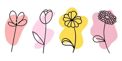 flores con pincel de colores en estilo de dibujos animados de fideos planos. conjunto de ilustración vectorial sobre fondo blanco. vector