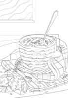 A bowl of soup and two slices of bread. Vector anti stress coloring book.