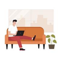 Man freelancer working from home. Illustration for website, landing page, mobile app, poster and banner. Trendy flat vector illustration