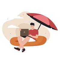 Man working on vacation. Illustration for website, landing page, mobile app, poster and banner. Trendy flat vector illustration