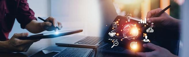 woman Hand holding virtual Global Internet connection metaverse. Business global internet connection application technology and digital marketing, Financial and banking, Digital link tech, big data. photo