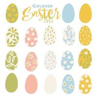 Easter eggs. A set of vector illustrations in the flat style with delicate colors. Colored, painted Easter eggs with different patterns in the colors yellow, blue, green, pink. Easter color scheme