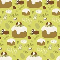 Easter bun pattern with icing and decoration, citrus fruits, eggs, candles, hares and decor. Pastel palette. Easter vector pattern. Colorful Easter eggs and buns. Gift wrapping for Easter