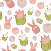 A pattern of Easter candles in the form of colored tulips, hares, eggshells in pink flowers. Wax candles with a wick on a white background. Easter candles. Print on paper and textiles. Gift packaging vector