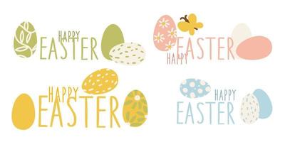 un conjunto de pegatinas felices de Pascua, un conjunto de inscripciones con huevos en forma de etiquetas. huevos pintados con dibujos y texto. inscripciones pegatinas vector ilustración