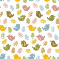 A pattern of Easter eggs with a texture of different types of fabric and colors. The contours of eggs and birds are made of pea, checkered and plain fabric. Easter background. Holiday packaging vector