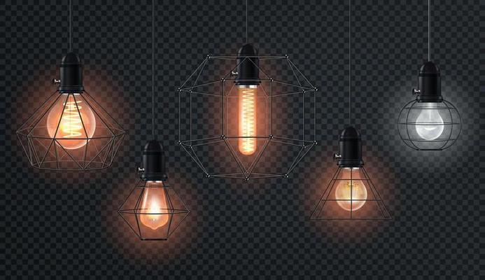 Realistic retro light bulbs set. Decorative vintage design edison lightbulbs of different shapes. Lamps in antique style with copper.