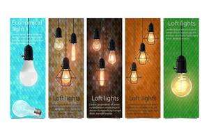 Set of vertical banners with glowing light bulbs in retro style on colorful background isolated vector illustration