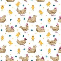 Seamless pattern with cute chickens and roosters on floral background. Springtime vector illustration in trendy hand-drawn style. Swatch is included.