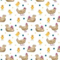 Seamless pattern with cute chickens and roosters on floral background. Springtime vector illustration in trendy hand-drawn style. Swatch is included.