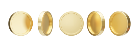 Set of golden coin in different shape isolated on transparent background PNG file. 3d rendering.